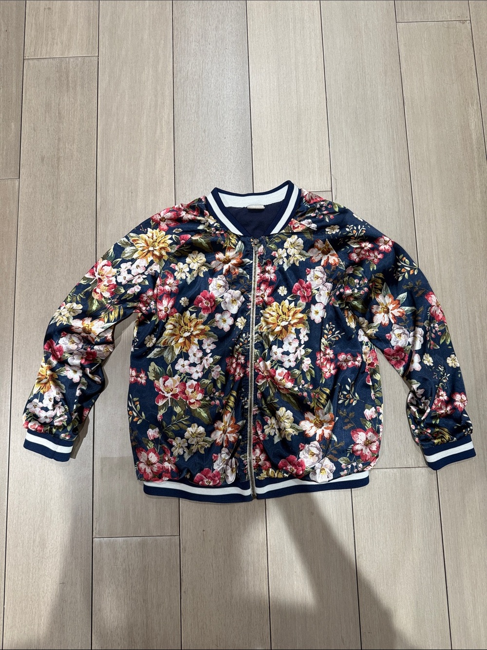 Zara Navy Floral Bomber Jacket - Multicolor Floral Print